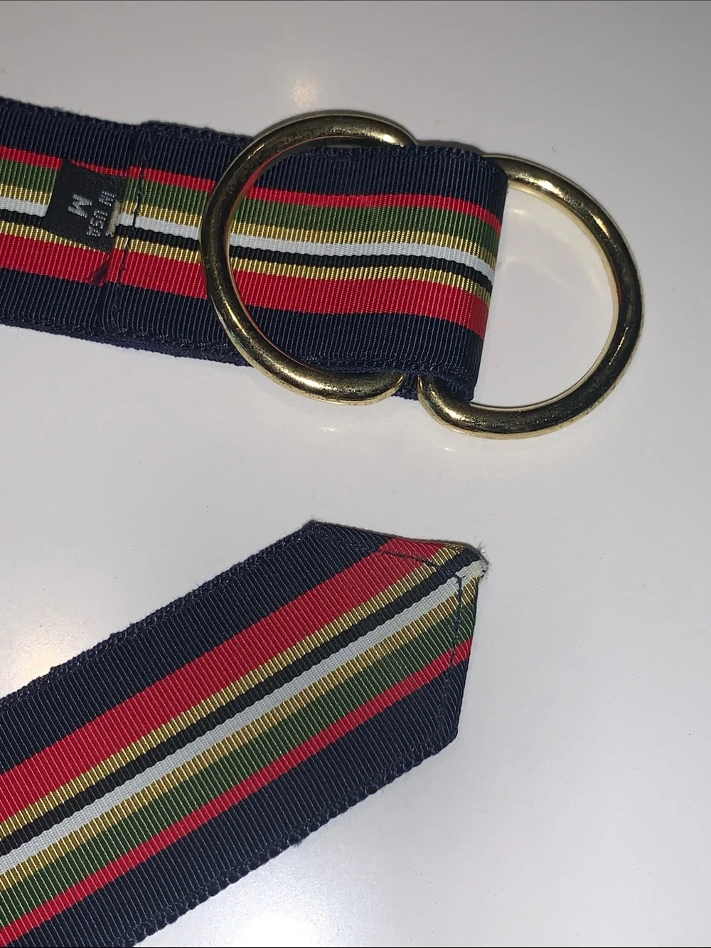 FH WADSWORTH Striped Navy Multicolor Webbing Belt with Gold O-Ring